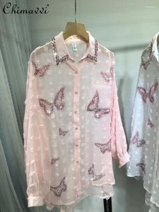 Blousies femininas camisa de strass pesada europeia moda leve moda doce borboleta lapela de lapela de miçangas soltas blusas de comprimento médio