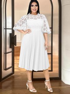Plus Size Dresses Chic Women Lace Hollow Out Wedding Birthday Dress Puff Sleeve Mid Length Elegant Fashion Party Gowns 2024