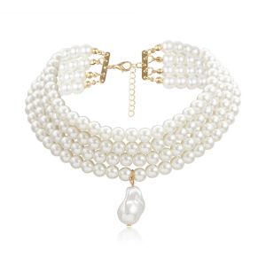 Halsband klassiska skiktade sträng runda pärlor pärlor krage choker halsband för kvinnor oregelbunden barock pärlhänge bröllop halsband gåva