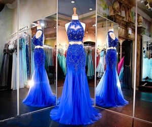 High Neck Two Pieces aftonklänningar sjöjungfru Royal Blue Pärled Crystal Prom -klänningar 2016 Summer Open Back Applqiues Party Gowns7374306