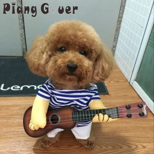 Gömlek Çizgili Komik Kedi Giysileri Tshirt Gitar Rock Singer Cosplay Pet Dogs Kostüm Pet Tişört Partisi Kedi için