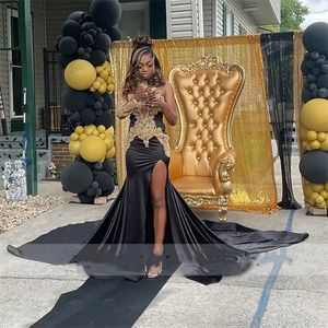 Sexy Black Satin Prom Dresses 2024 One Shoulder Gold Appliques Beading Sequins Birthday Party Event Wear Evening Dress Robe De Bal