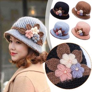 Berets Women Knitted Fisherman Hat Basin Thickened Wool Fashion Cap Old Cowboy Age Mother Windproof J4U9