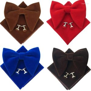 Bow bağları moda kadife büyük bowties set erkekler katı kravat düğün smokin damat büyük boy düğüm cep kare kravatlar manşet bağlantıları