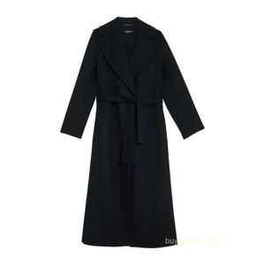 Women's Coat Cashmere Coat Luxury Coat MAX Maras 2024 New Womens Black Classic Comfortable Pure Wool Silk Lace Up Long Coat