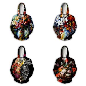 Kosmos plstar mode man/kvinnliga blommor dragkedja hoodie målning blommig 3d tryckt streetwear casual hooded jacka 201020202020