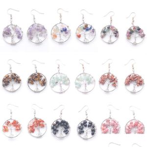 Dangle Chandelier Natural Chips Stone Tree Of Life Wire Wrap Round Sier Hook Drop Earring For Women Gift Jewelry Br343 Delivery Ear Dhds2