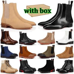 2024 Med Box Red Bottom Boots Designer Män Fashion Patent Läder Black Beige Platform Sneakers Flat Over The Kne Martin Boot Mens Booties Shoes