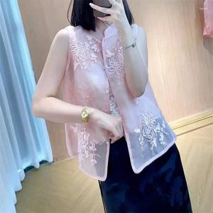 Women's Vests Pink Silk Organza Vest 2024 Summer Chinese Style Luxury Designer Top Sleeveless Waistcoat Camisole K769
