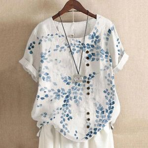 Kvinnors blusar Casual Women Summer T-shirt Leaf Print Pullover Vintage Contrast Color Thin Artistic Painting Blus kläder