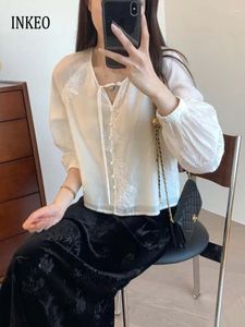 Women's Blouses Chinese Style Floral Embroidery Blouse 2024 Summer Elegant V-neck Raglan Sleeve Shirt Beige Short Top INKEO 4T092