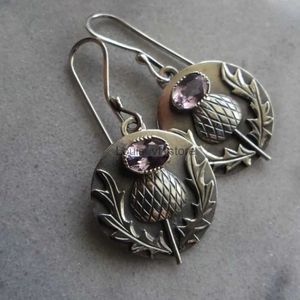 Dangle Chandelier Vintage Oval Light Pink Stone Earrings Personality Silver Color Metal Carving Flower Pattern Jewelry H240423