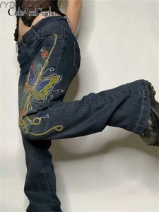 Jeans femminile retrò stampato a farfalla y2k jeans in denim con scanalature a bassa vita a vita vintage pantaloni faccia a fata dei pantaloni di moda harajuku cutpsycho yq240423