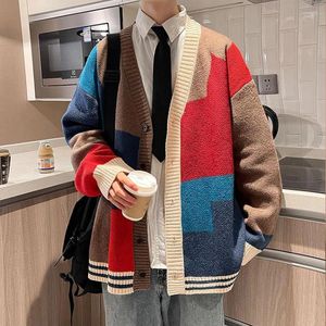 Męskie swetry jesień i zima koreański styl mody dzianin kardigany sweter patchwork kolor para mężczyzn menu casual modne płaszcze ubrania kurtki