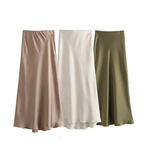 TRAF Satin Midi Skirt Woman High Waist Long Skirts For Women Fashion 2023 Autumn Casual Elegant Party Womens 240418