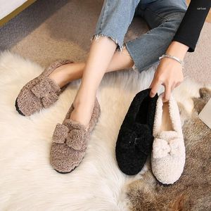 Casual Shoes Big Bow-Knot Curly Wool Päls Flats Kvinna Vinter Bomull Kvinnor Plush Loafers Comfy Fleeces Moccasins Femme Storlek 34-43