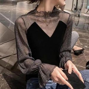 Women's Sweaters Mesh Patchwork Top Women Long Sleeve T-shirt Shiny Silk Korean Chic Pullover Sexy Tops Black Y2k Clothes