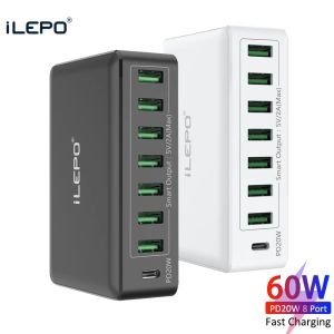 Hubs Ilepo 60W 8 Port USB Hızlı Şarj Cihazı PD20W Hub Akıllı Hızlı Şarjlı Multi USB Şarj İstasyonu Cep Telefon Masaüstü Ev Evi İPhone için