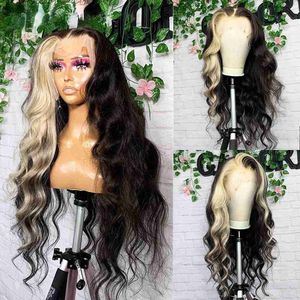 Platinum Blonde Highlight Lace Front Human Hair Wigs Body Wave Colored Wig Loose Deep Transparent Syn
