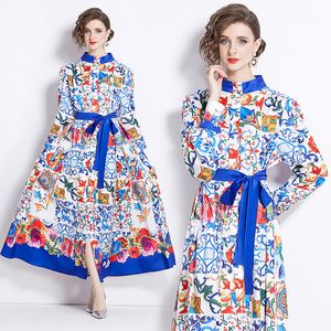 Mulheres Retro Floral camisa vestido de luxo designer de luva longa Party casual resort Print slim maxi vestidos primavera outono de outono lady cafe punway moda A-line vestido 2024