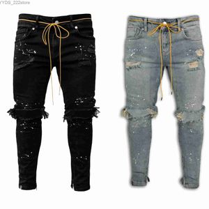 Kvinnors jeans knäckt hål jeans herrar hip-hop lastbyxor nödställda ljus blå denim jeans tight montering herrkläder i full längd höstbyxor yq240423