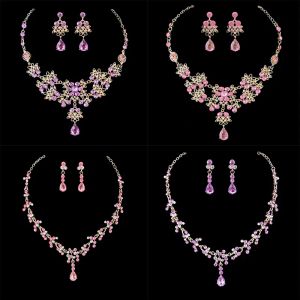 Halsketten Diezi Luxus Hochzeit Braut Purpur Pink Kristall Halskette Ohrringe Schmucksets für Frauen Mode Wassertropfen Strass Schmuck Schmuck