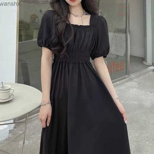 Vestidos casuais básicos Houzhou Black Vintage Midi Dress Mulheres Elegantes Vestidos Quadrados Cola Puff Buff Surve Oversized Liep Casual Sundress feminino Robel2404