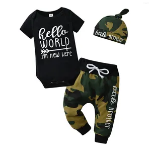 Kleidungssets 1. Fashion Born Säugling Jungen Kleidung Set kurzärmeld Strampler Top und Camo Hosen Cap Dreie-Stück-Outfit für Jungen