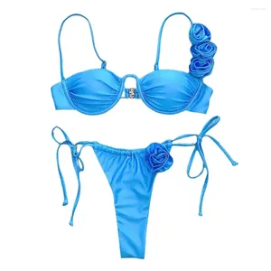 Kadın Mayo Bandeau Strappy Mayo Çiçek Dantel Bikini Set Bra Lace Up Briuss ile 3d Çiçek Banyo Hızlı