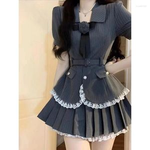 Work Dresses Striped Elegant 2 Piece Dress Set Women Short Sleeve Vintage Y2k Crop Top Blouse Mini Skirt 2024 Summer Korean Fashion Suits