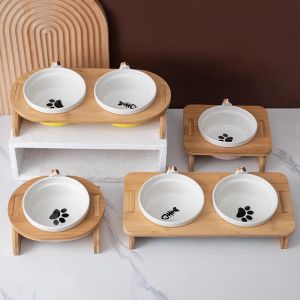 Supplies Cat Double Bowls Ceramic Pet Food Water Feeders with Wooden Stand Cats Puppy Drinking Eating Supplies Cat Feeding Basin