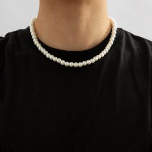 Necklaces Trendy Beaded Imitation Pearl Short Choker Necklace Men Simple Handmade Strand Beads Chain Necklaces 2023 Fashion Jewelry Collar