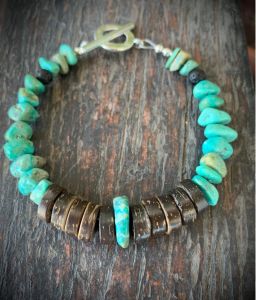 Strands Men's Bracelet, Large Coconut Shell & Turquoise Chip, Men's Jewelry, men's tribal bracelet, beach man, Turquoise bracelet