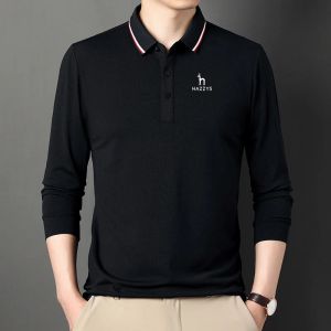 シャツhazzysメンズゴルフの服秋の固体色長袖ティーミディアムと若いカジュアルラペルポロシャツベースシャツトップ