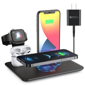 Chargers 15W Fast Wireless Charger Stand para iPhone 11 12 xr x 8 Apple Watch 4 em 1 estação de estação de carregamento dobrável para airpods pro iwatch