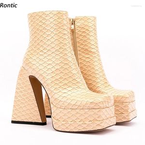 Buty Rontic Women Zimowa platforma kostki wzór ryb obcasy kwadratowe palce eleganckie morelowe pomarańczowe buty imprezowe rozmiar 4-10,5