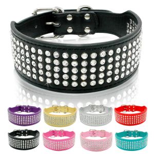 CHARTS Rhinestone Leather Dog Collar Bling Diamante Crystal Studded Dogs Pet Collar 2 tum brett för medelstora stora hundar Pitbull Boxer