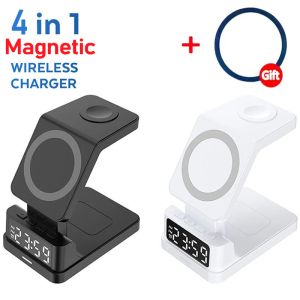 Chargers 4 In 1 30W Magnetic Wireless Charger Stand Alarm Clock Fast Charging Station For Iphone 15 14 13 12 Apple Watch 8 7 Airprods Pro