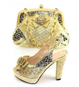 Kleiderschuhe Erstaunliche Gold High Heel und Handtasche Set Abendparty Sandalen mit Tasche CR2107 Höhe 113CB6396386