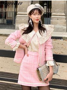 Work Dresses Autumn Winter Sweet Pink Plaid Woolen 2 Piece Sets Women Outfit Fashion Jacket Coat Skirt Tweed Two Set For