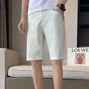 Summer Casual Mens White Denim Shorts Solid Color Straight Slim Hole Stretch Soft Beach Knee Length Short Jeans Male 240412