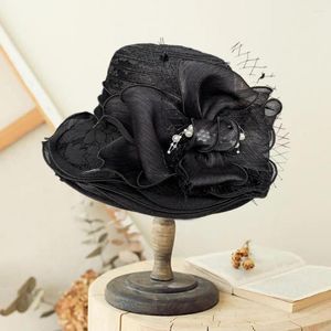 Wide Brim Hats Women Sun Hat Vintage Lace Bow Fisherman With Faux Pearl Feather Decor For Elegant Style Protection Cap Prom