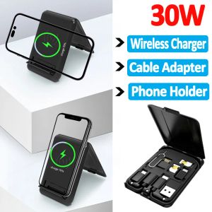 Chargers 30W Wireless Charger Stand 9 In 1 Multi Cable Needle Sim Card Storage Box For iPhone 14 13 12 8 X Samsung Fast Charging Station