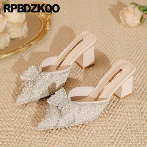 Slippers Women Rhinestone Sequin Slides Sandals Closed Toe Sparkly High Heels Shoes Block Bowknot Half Pearl Glitter Mules Pumps