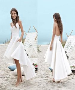 Summer Beach High Low Wedding Dresses Spaghetti Straps En linje Kort front Långt baklöst vit chiffong vestidos de novia7432413