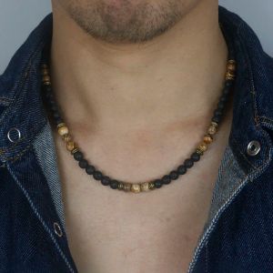 Necklaces 6mm Vintage Rustic Men Beaded Necklace Natural Lava Stone Chocker Necklace For Men/Women Tribal Jewelry Gift For Him SU11