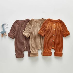 One-Pieces Baby Rompers Solid Plain Newborn Boys Girls Cotton Knitted Jumpsuits Autumn Long Sleeve Infant Unisex Overall Kids Clothes 018m