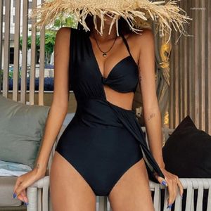 Kadın Mayo Düz Renk Siyah Tek Parça Bikini Kadınlar İçin Yüksek Bel V ​​Yastık Bandaj Arka Mayo 2024 Yaz Plajı Mayo Takım