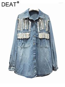 Women's Blouses Denim Shirt Loose Beading Chains Tassel Sequins Patchwork Single Breasted Blouse 2024 Summer Fashion 29L6902