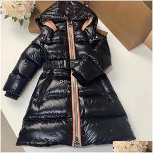 Down Coat Girl Hoodies Kids Baby Clothes Girls Jacket Hooded Waist Design Long Jackets Luxury White Goose Belt Letter Comfortable Warm Otsnw